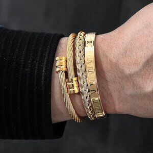 NEW! 3PCS Stainless Steel Bracelets for Men Gold Roman Numeral Bangle Bracelet